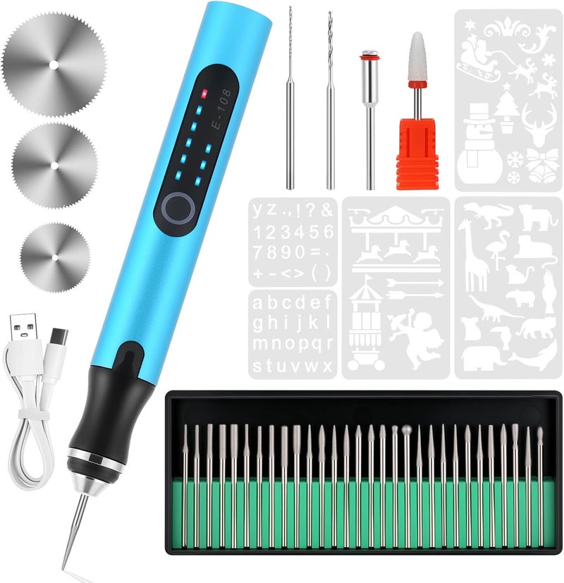 Timntts Electric Engraving Pen with 37 Bits, USB Rechargeable Cordless Etching Engraving Tool, Portable DIY Rotary Engraver for Jewelry Wood Glass Stone Carving (Blue) - Image 1